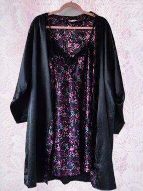 Sorbet 2-Piece Black Satin and Floral Slip Dress Nightie and Robe Set Floral